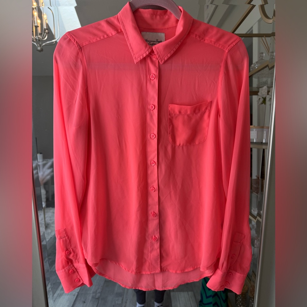 American Eagle Outfitters Sheer Hot Pink Long Sleeve Button Down Shirt Size XS